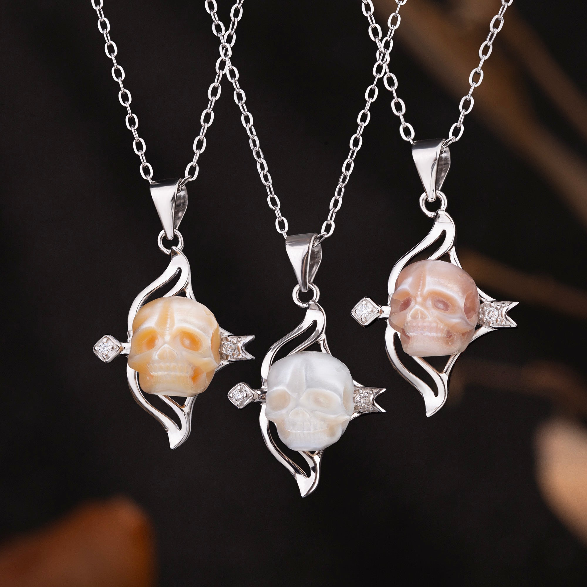 12 Zodiac Signs Sagittarius Pearl Skull CZ Necklace