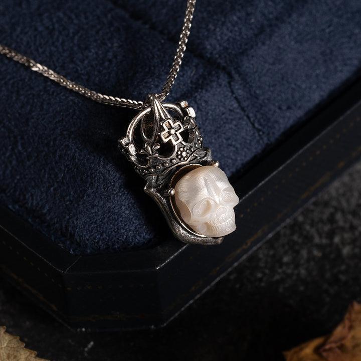Belle Juri Vintage Pearl Skull Cross Crown Necklace