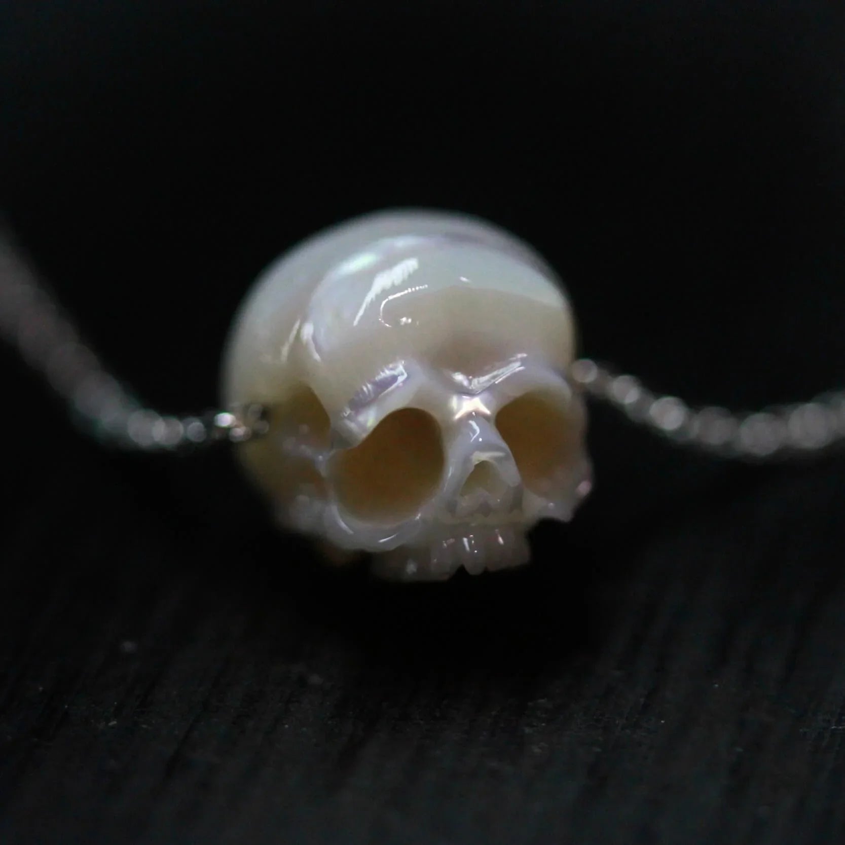 Belle Juri Hand Carved Pearl Skull Necklace