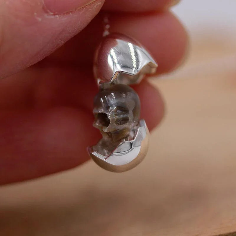 Belle Juri Openable Silver Eggshell Pearl Skull Necklace