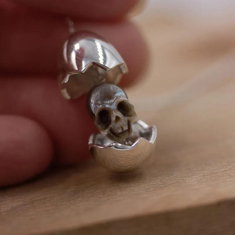 Belle Juri Openable Silver Eggshell Pearl Skull Necklace