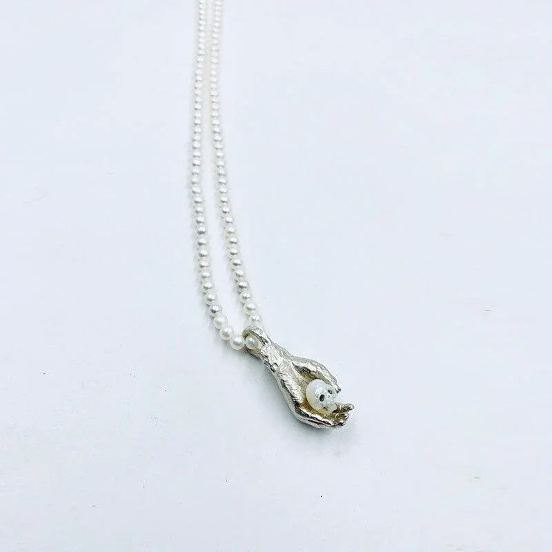 Belle Juri Real Pearl Carved Skull Necklace