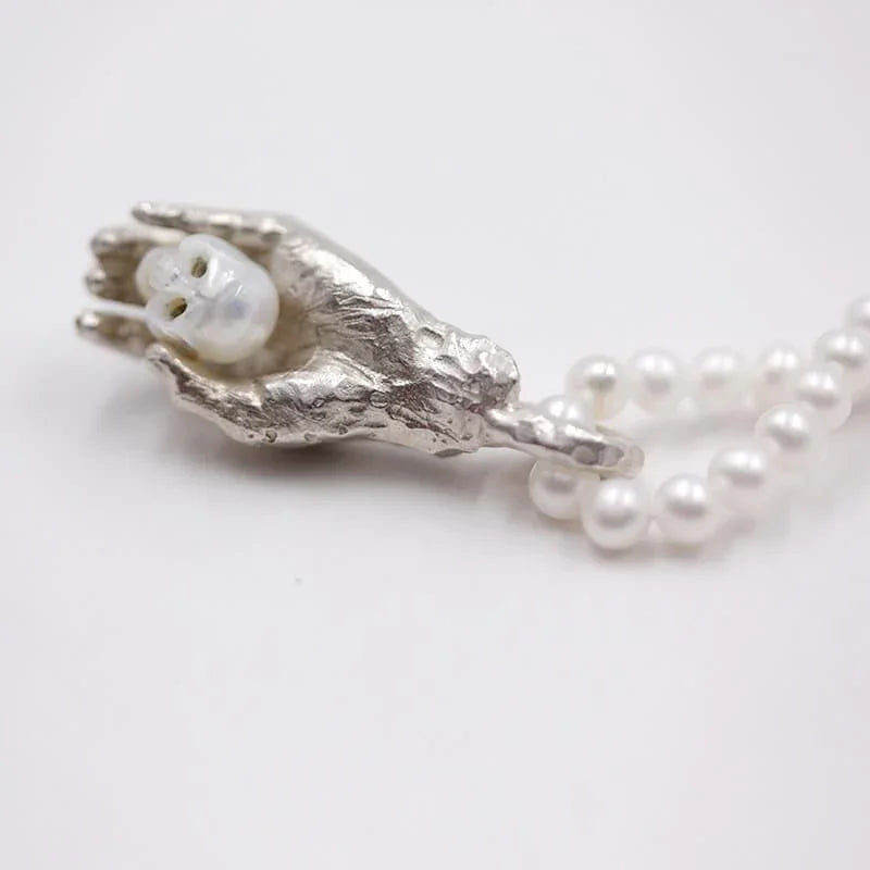 Belle Juri Real Pearl Carved Skull Necklace