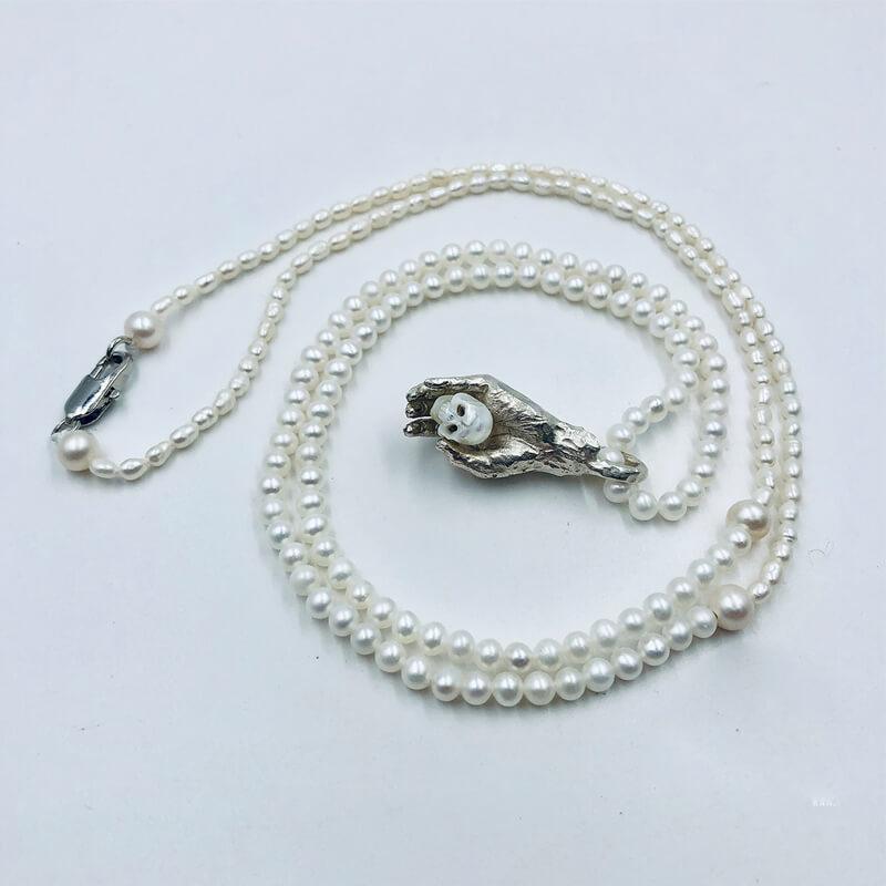 Belle Juri Real Pearl Carved Skull Necklace