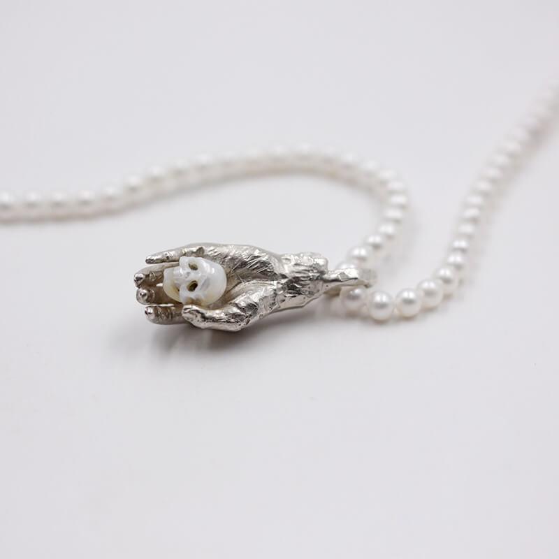 Belle Juri Real Pearl Carved Skull Necklace