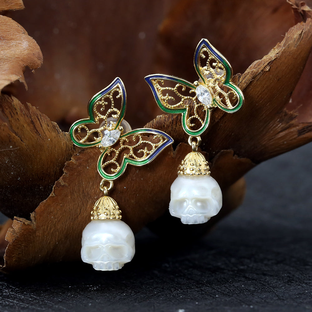 Antieke filigraan vlinder zirkon parel schedelstudier oorbellen