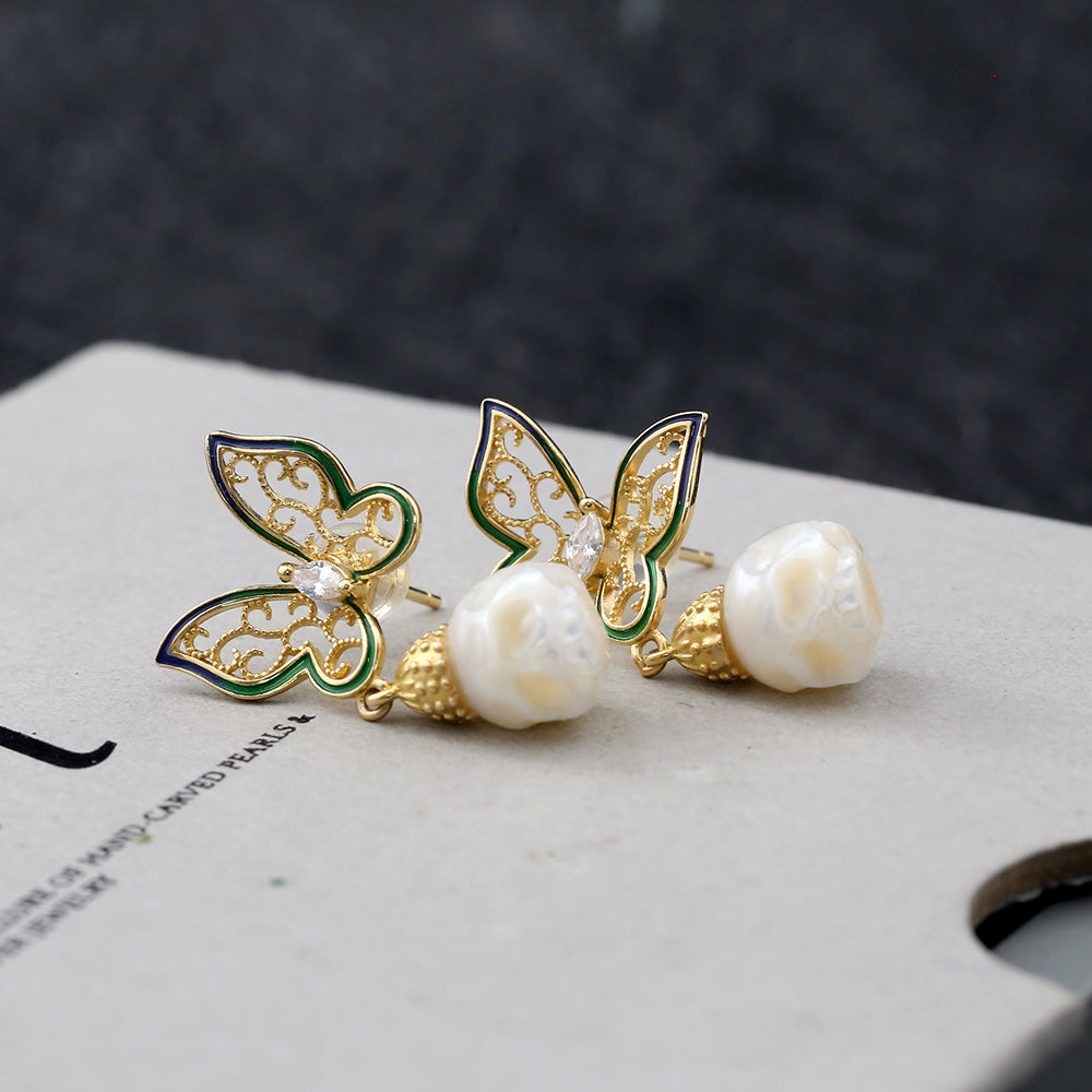 Antieke filigraan vlinder zirkon parel schedelstudier oorbellen