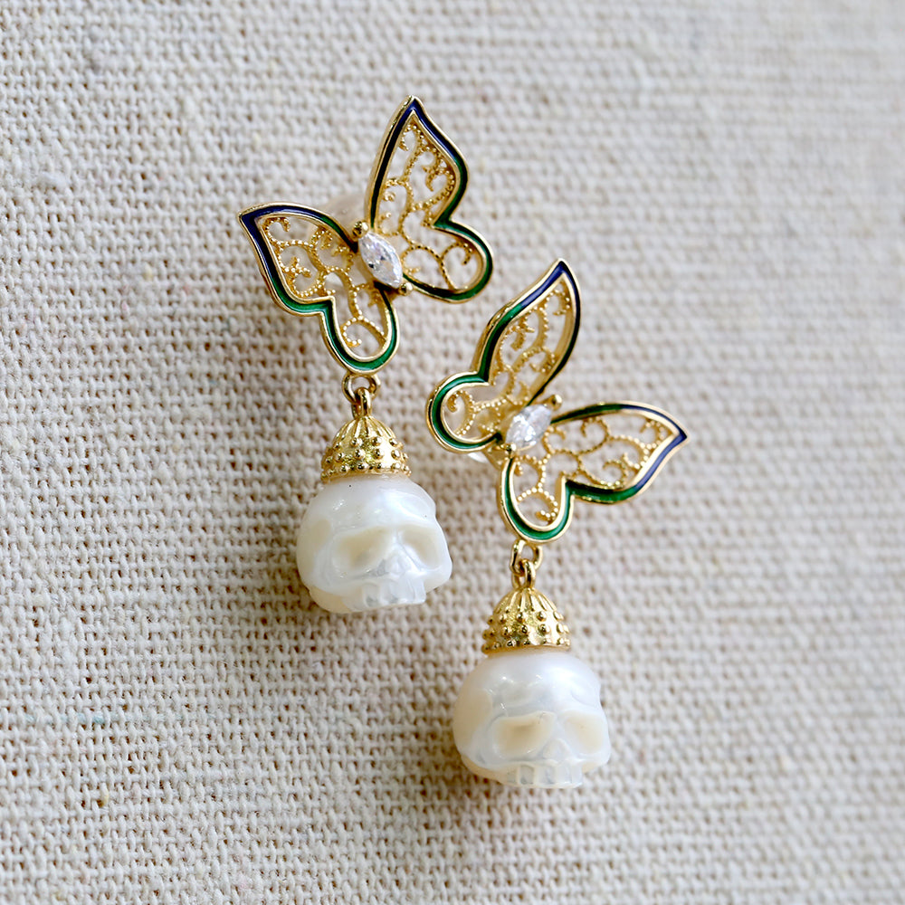 Antieke filigraan vlinder zirkon parel schedelstudier oorbellen