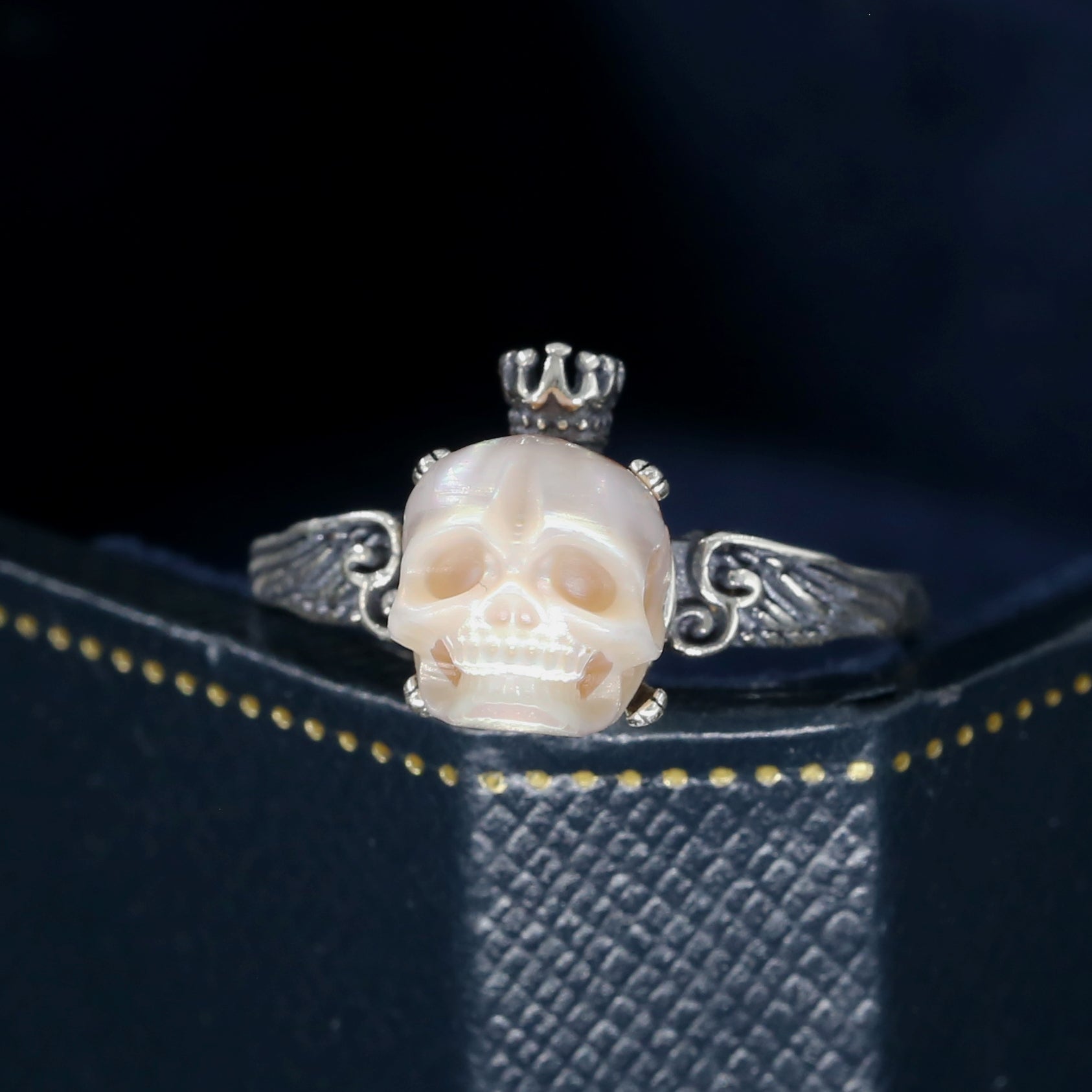 Antique Pearl Skull Queen Crown Engraved Ring