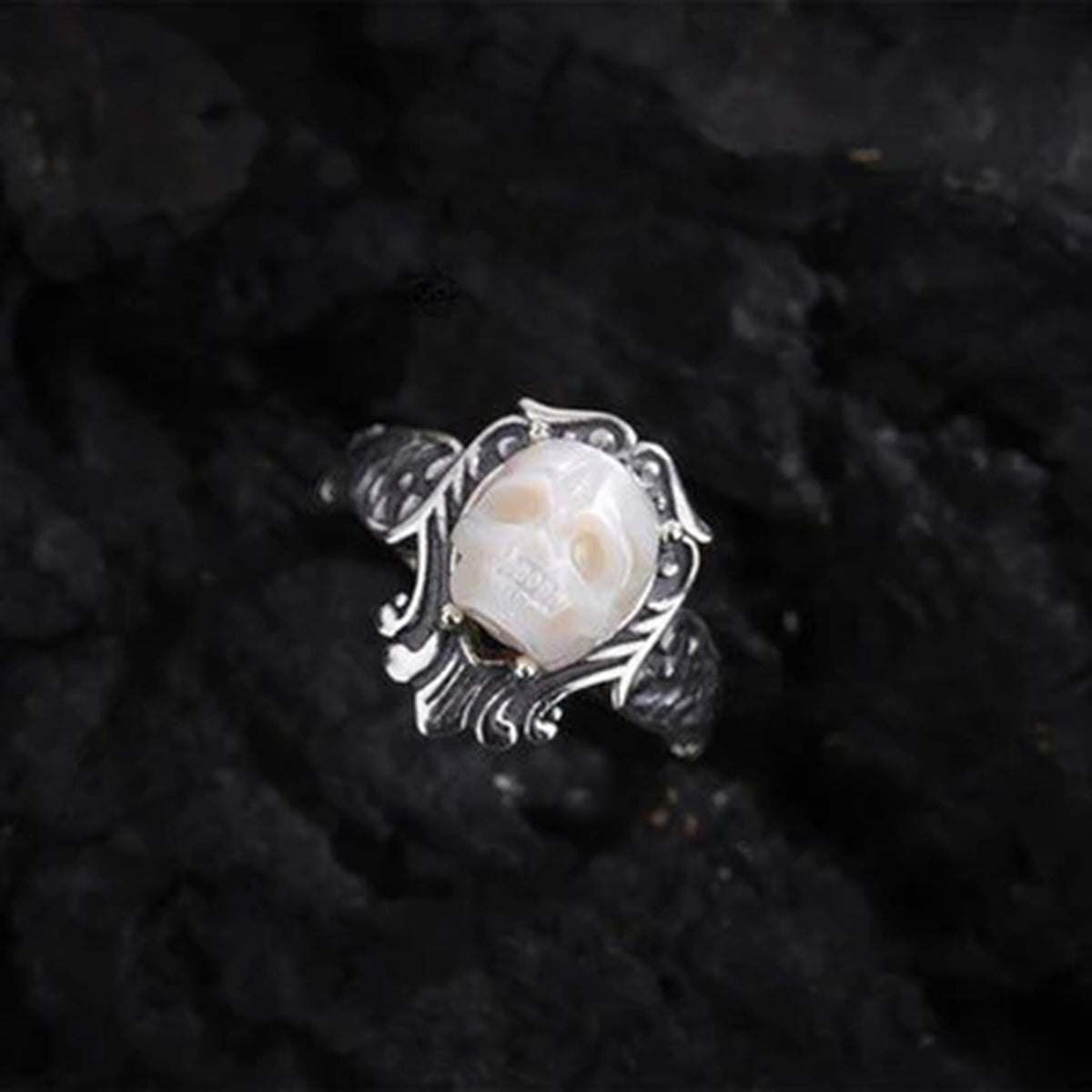 Antique Pearl Skull Queen Carved Ring