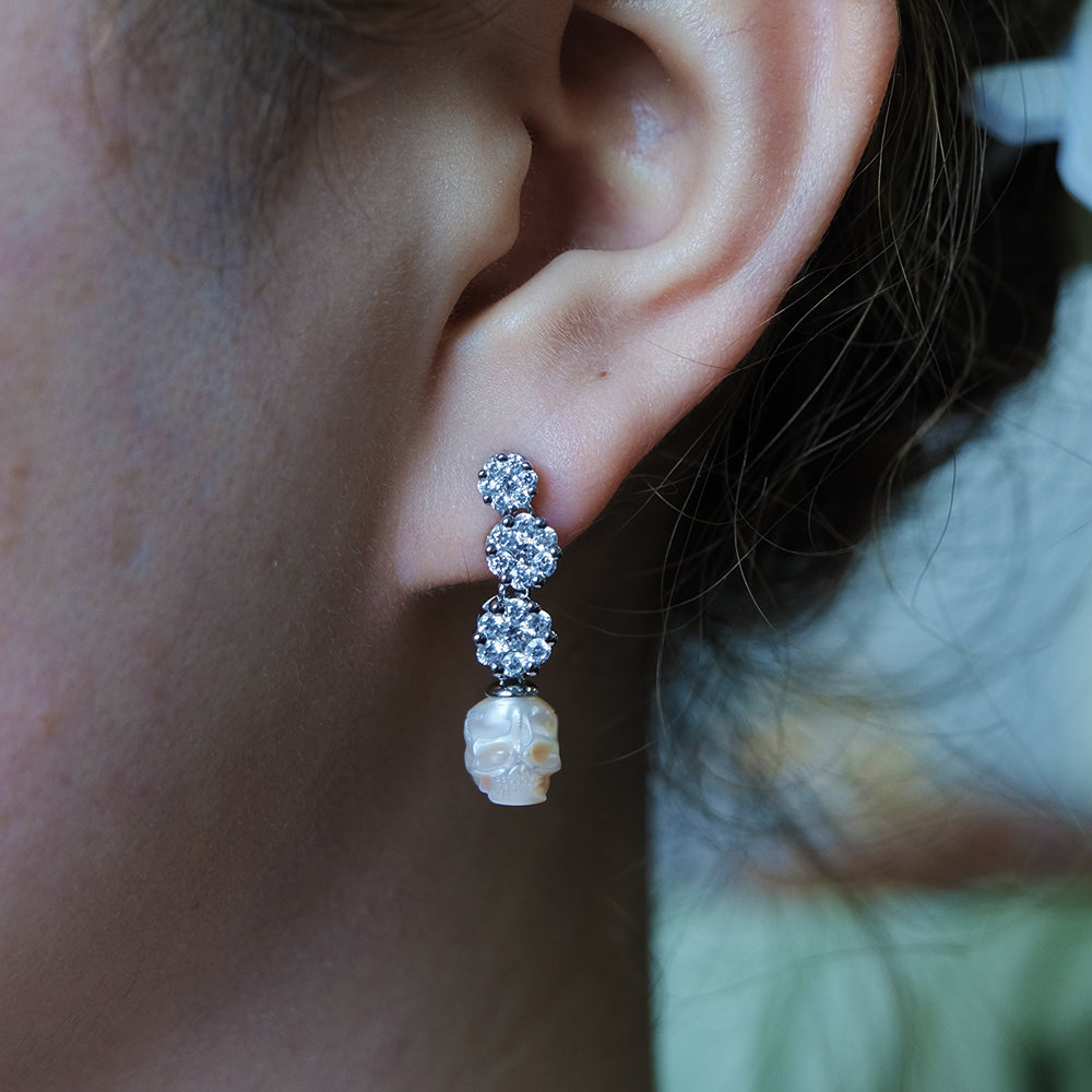 Art Deco Floral CZ Cluster Pearl Skull Earrings