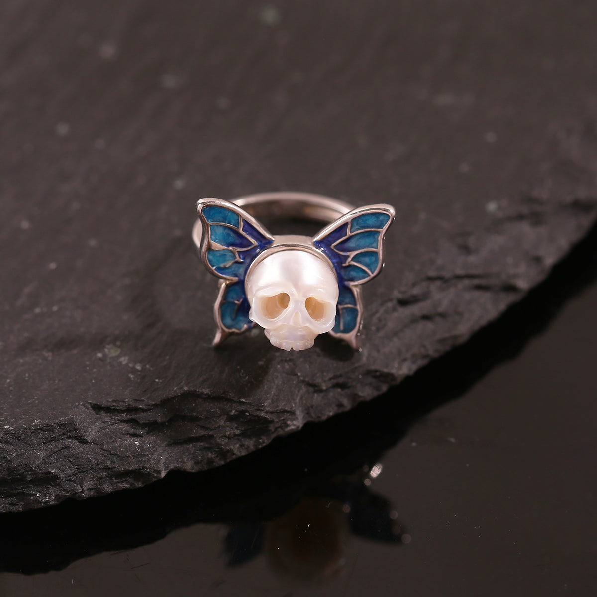 Art Deco Hand-Carved Butterfly Cranium Pearl Ring