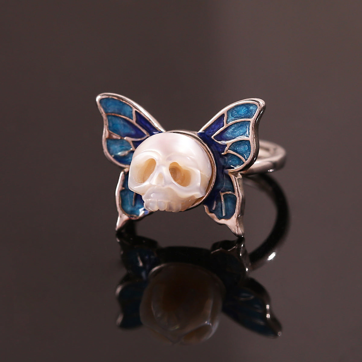 Art Deco Hand-Carved Butterfly Cranium Pearl Ring