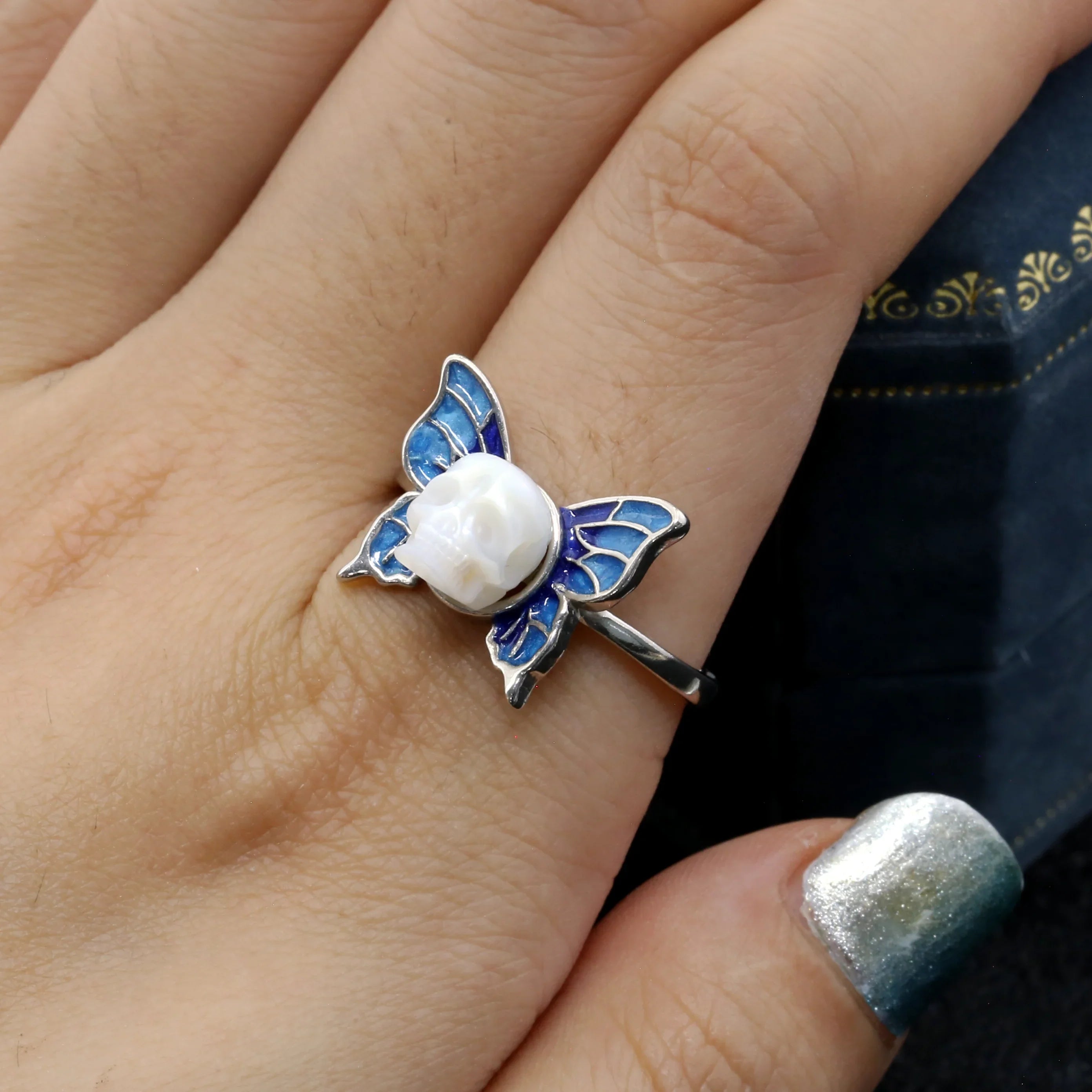 Art Deco Pearl Skull Butterfly Ring