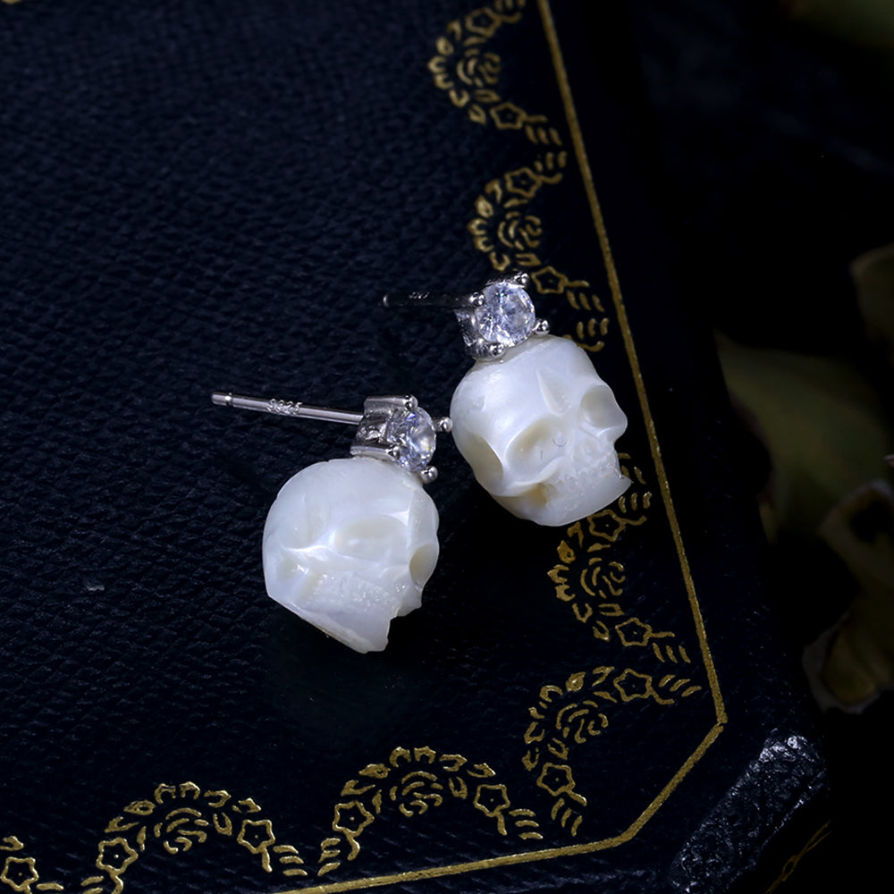 Art Deco Round Cubic Zirconia Pearl Skull CZ Stud Earrings