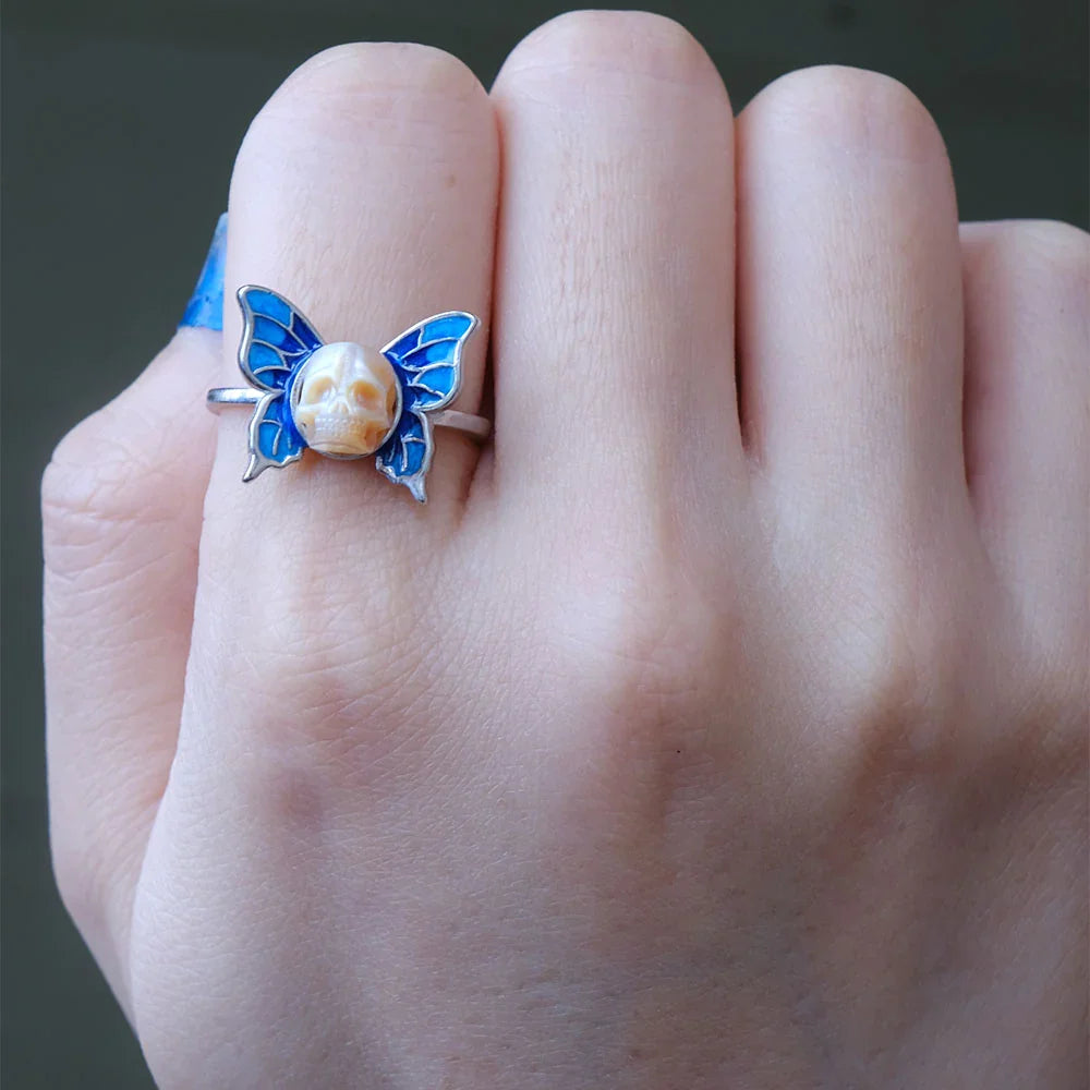 Art Deco Pearl Skull Butterfly Ring