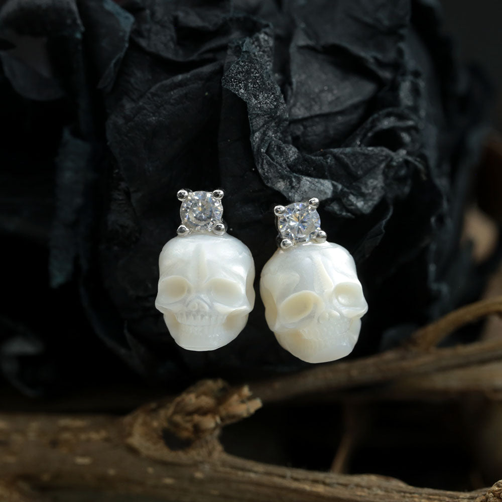 Art Deco Round Cubic Zirconia Pearl Skull CZ Stud Earrings