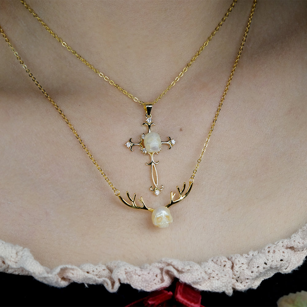 Baroque Carved Cross Pearl Skull Gemstone Pendant Necklace