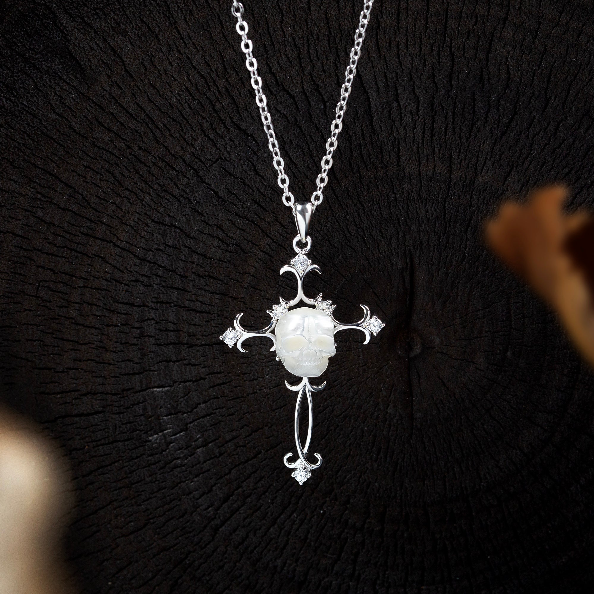 Baroque Carved Cross Pearl Skull Gemstone Pendant Necklace