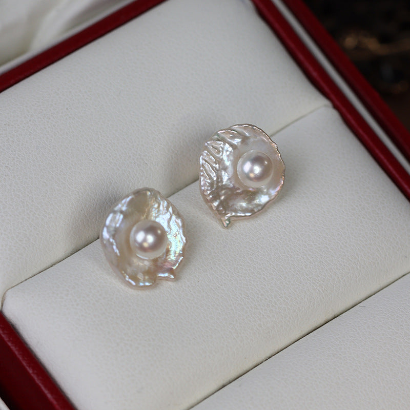 Baroque Egg-shaped Flower Pearl Stud Earrings