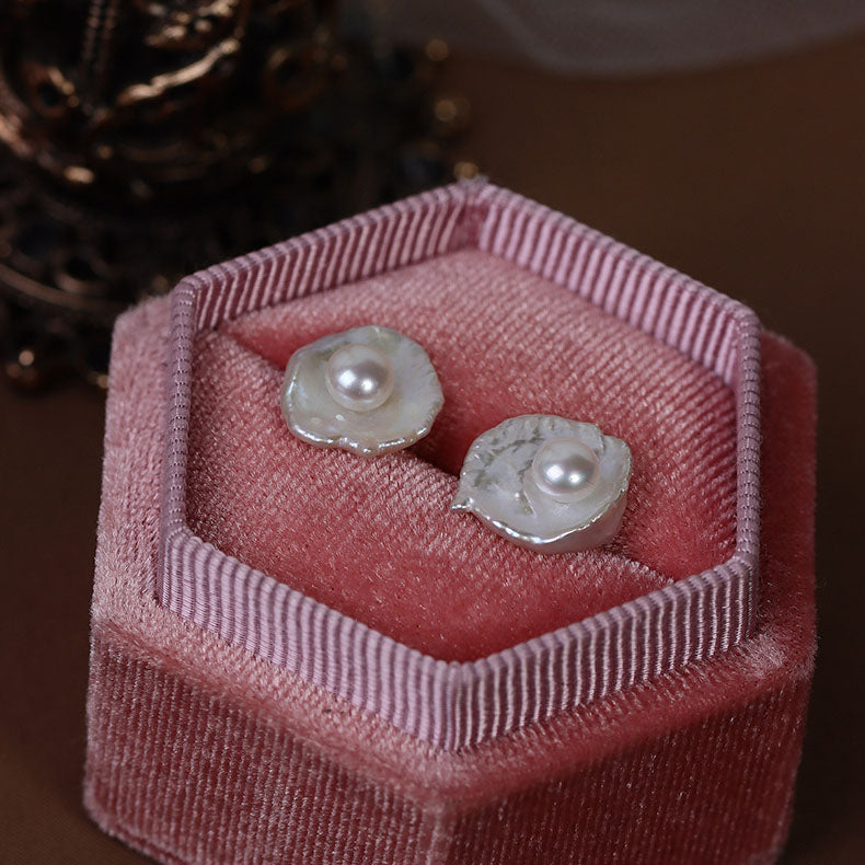 Baroque Egg-shaped Flower Pearl Stud Earrings