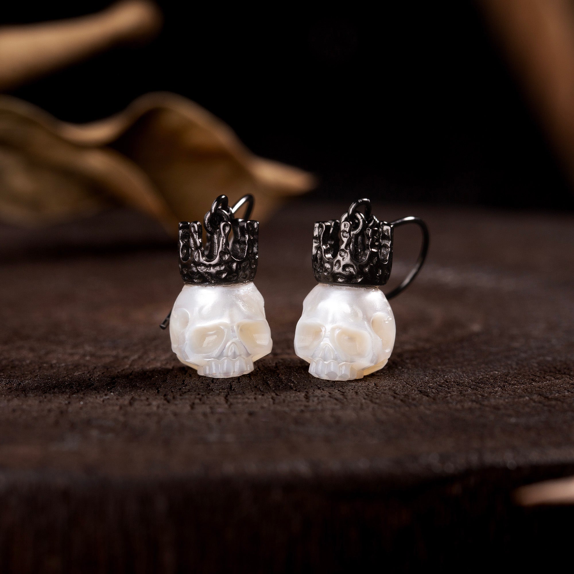 Baroque Silver Black Gold Plated Crown Pearl Skull Earrings