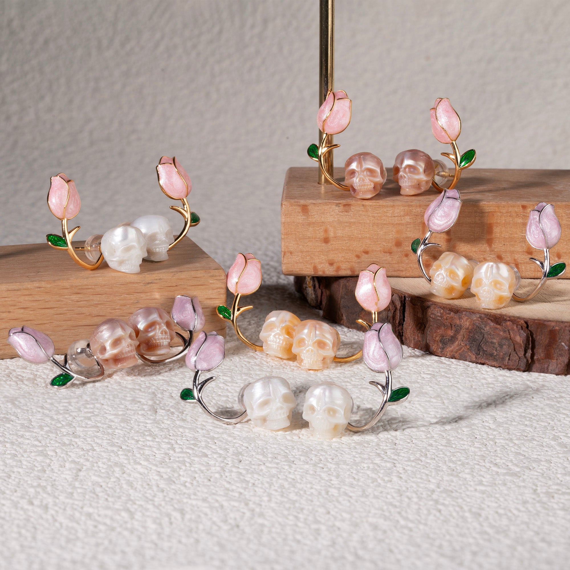 Tulip Pearl Skull Stud Earrings