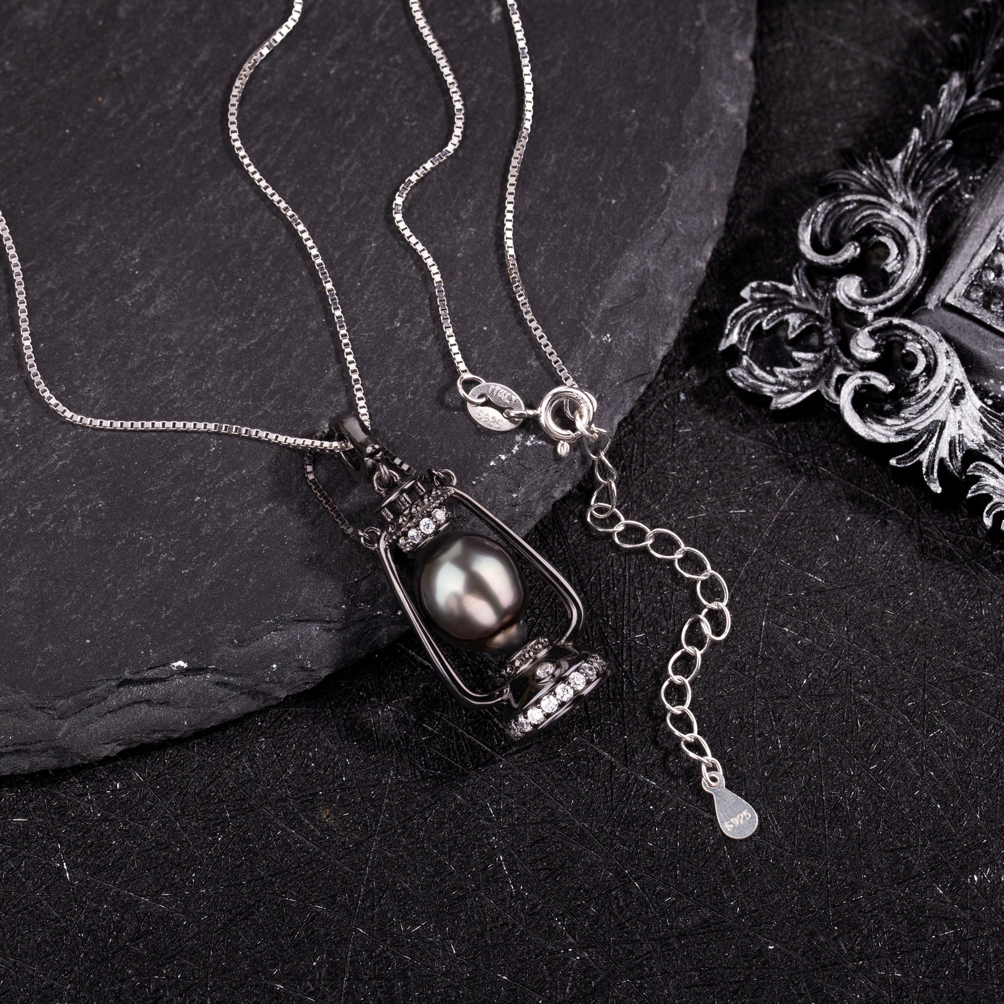 Black Tahitian Pearl Oil Lantern Necklace