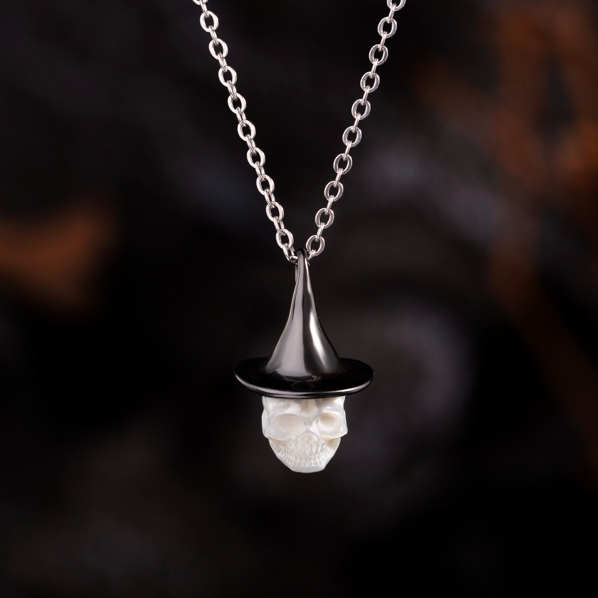 Black Witch Hat Carved Pearl Skull Necklace