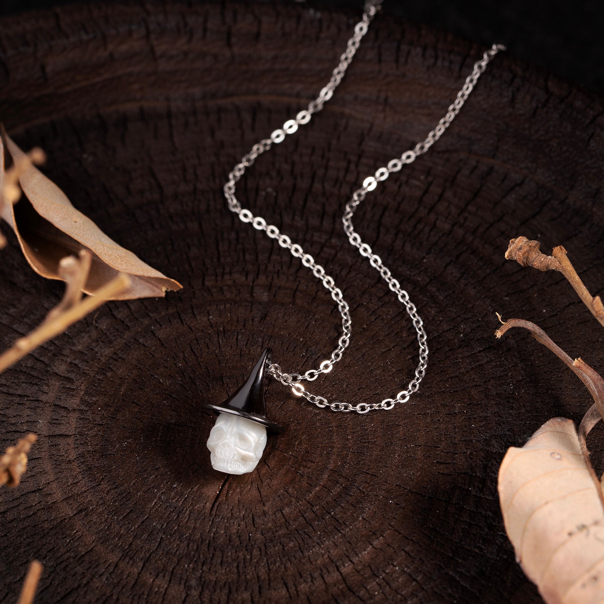 Black Witch Hat Carved Pearl Skull Necklace