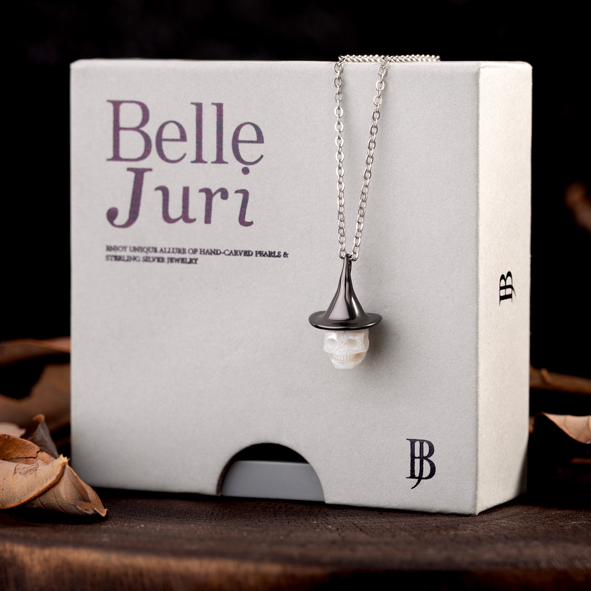 Black Witch Hat Carved Pearl Skull Necklace