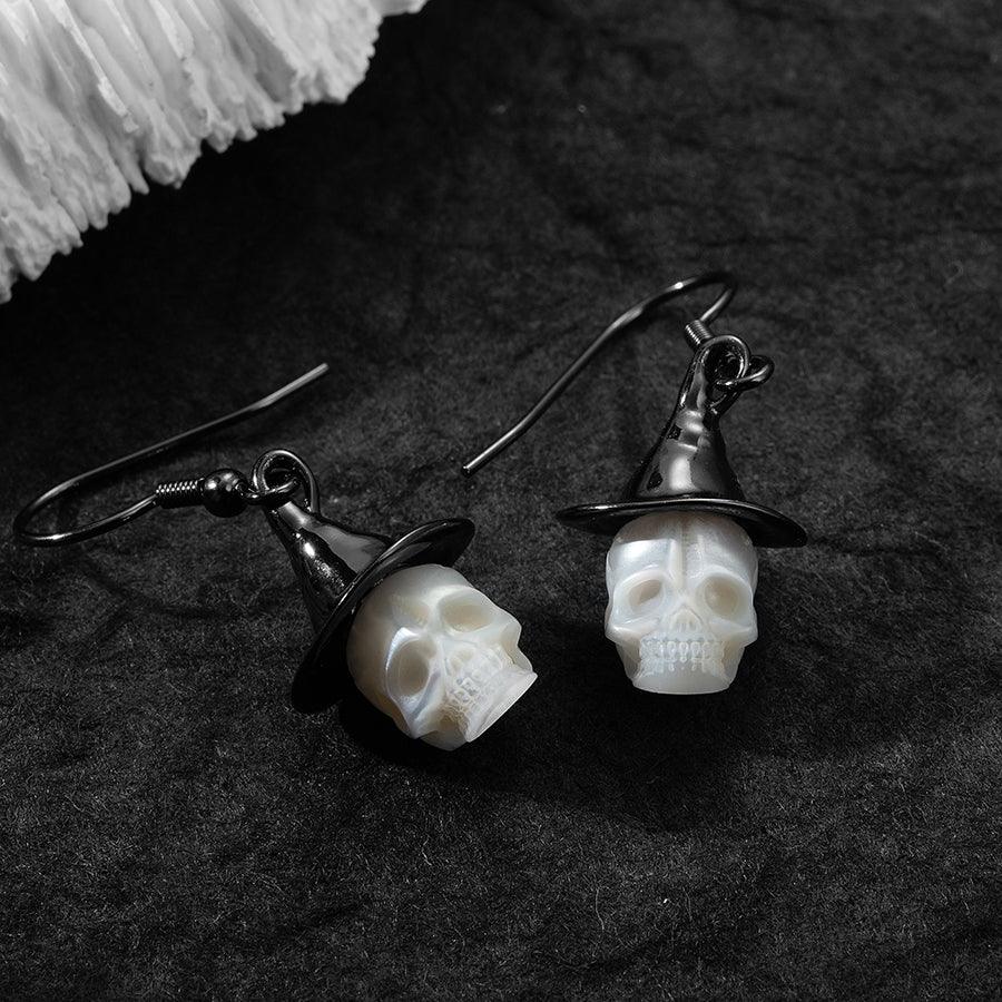 Belle Juri Black Witch Hat Pearl Carved Skull Earrings