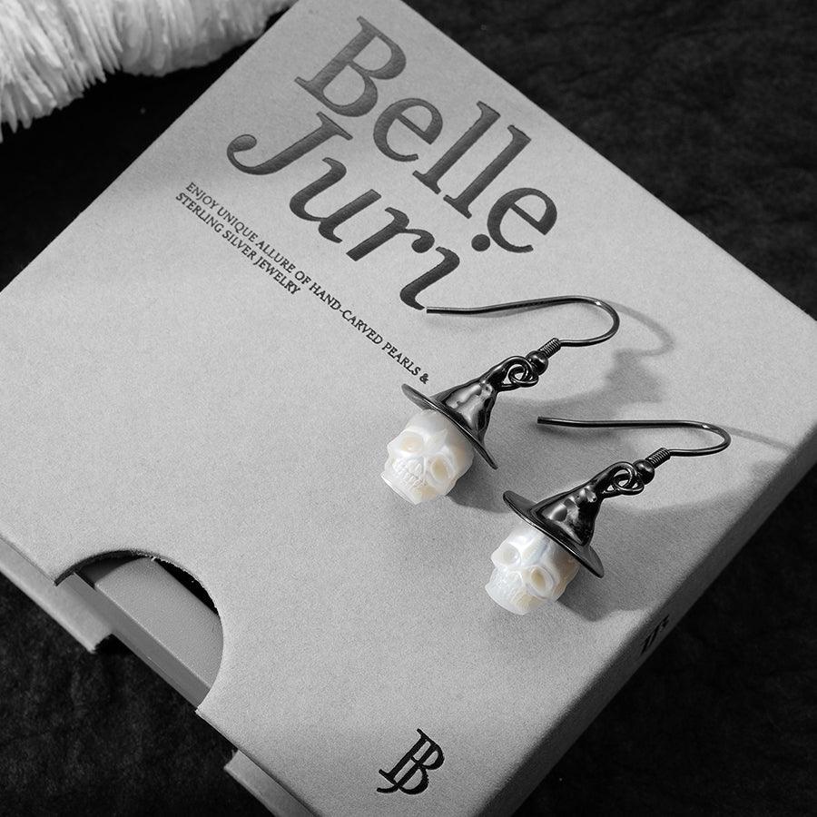 Belle Juri Black Witch Hat Pearl Carved Skull Earrings
