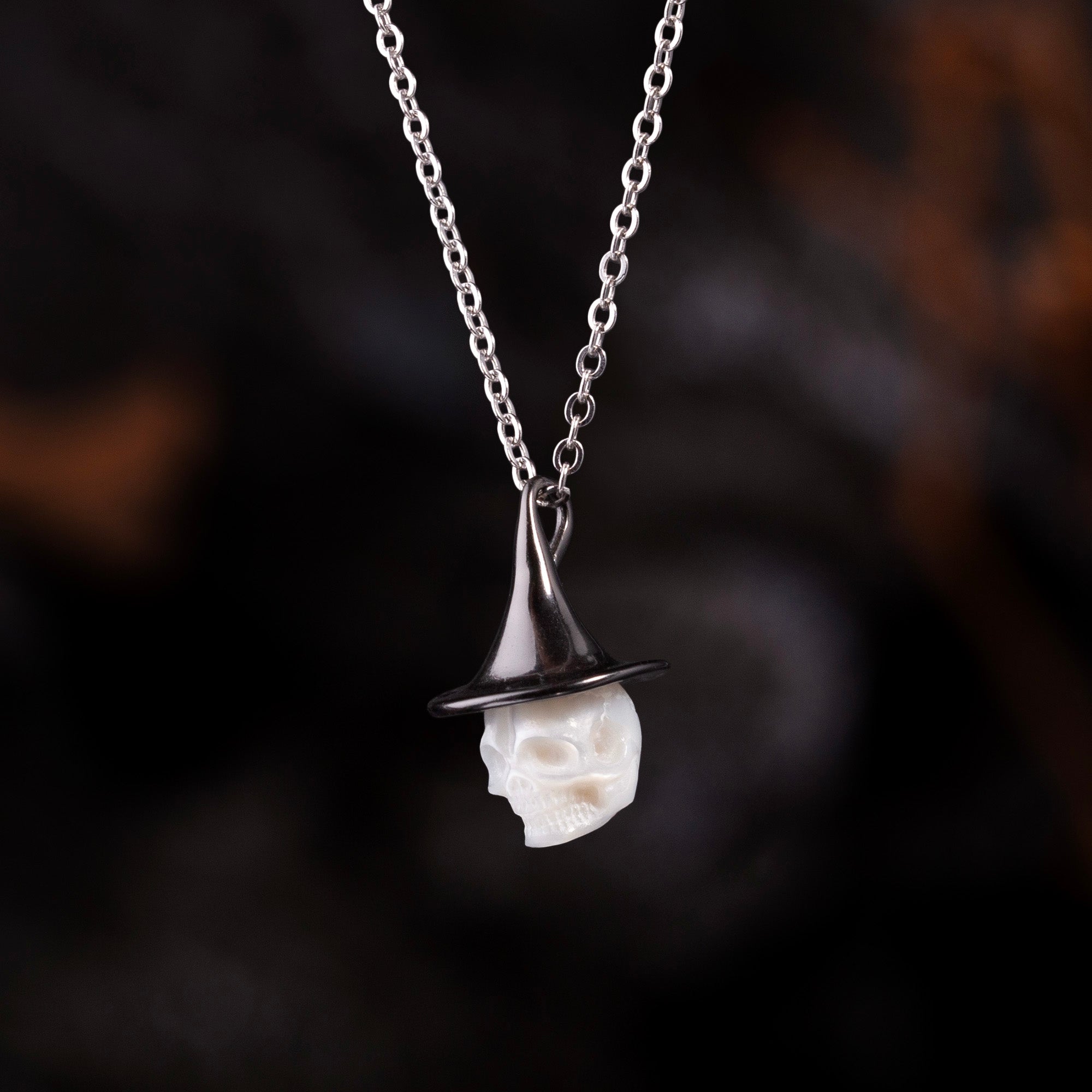 Black Witch Hat Carved Pearl Skull Necklace