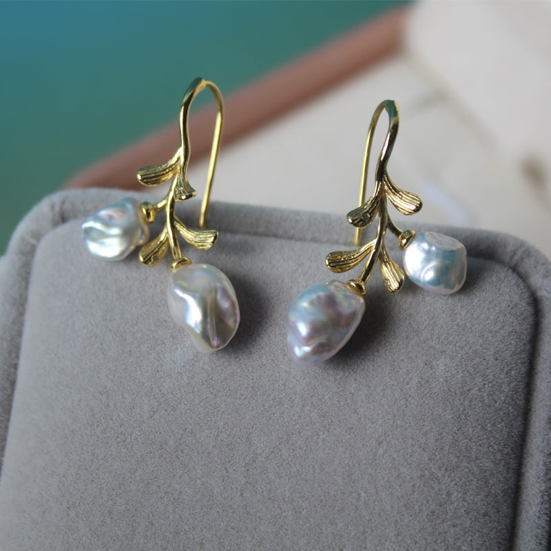 Branch & Leaf Flower Baroque Pearl Drop Earrings