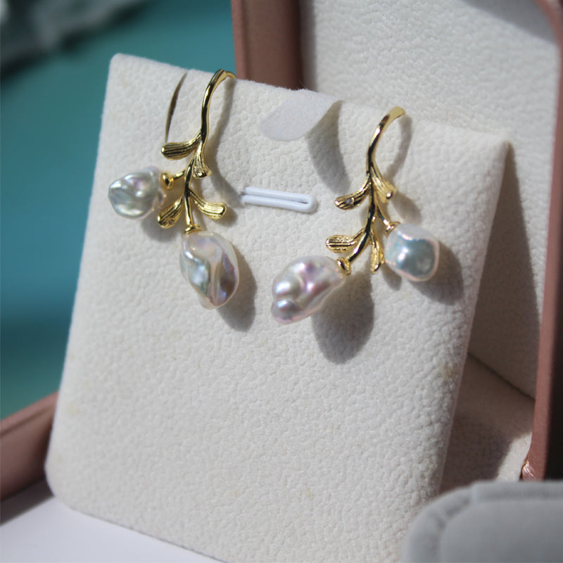 Branch & Leaf Flower Baroque Pearl Drop Earrings