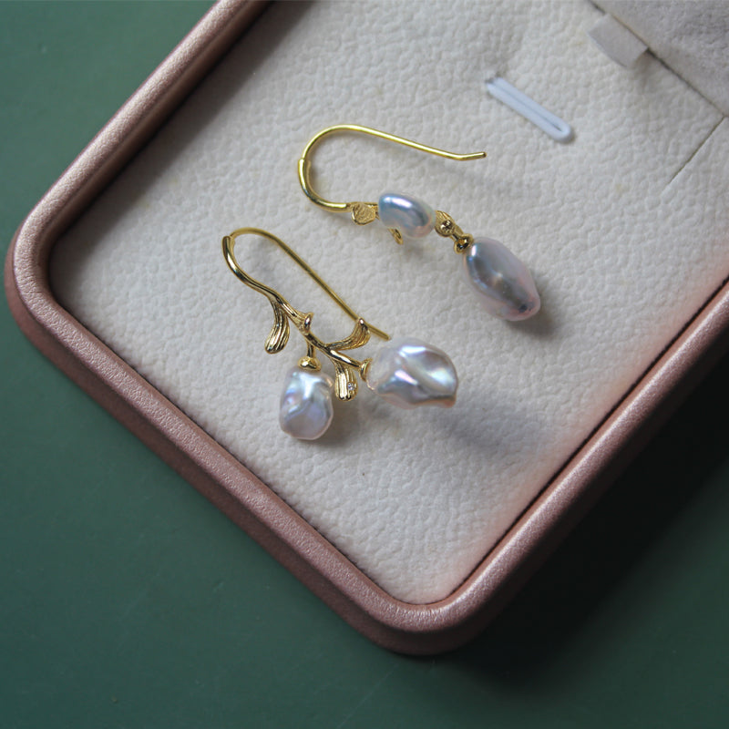 Branch & Leaf Flower Baroque Pearl Drop Earrings