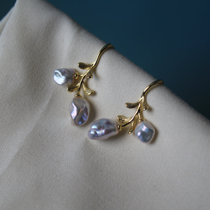Branch & Leaf Flower Baroque Pearl Drop Earrings