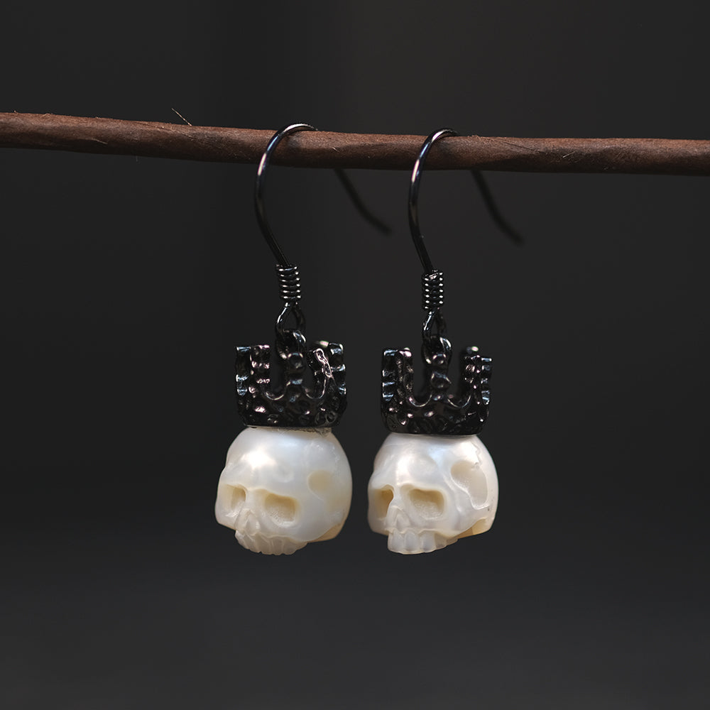 Baroque Silver Black Gold Plated Crown Pearl Skull Earrings