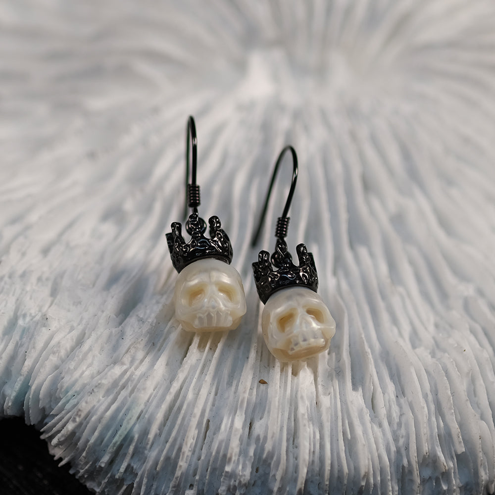 Baroque Silver Black Gold Plated Crown Pearl Skull Earrings
