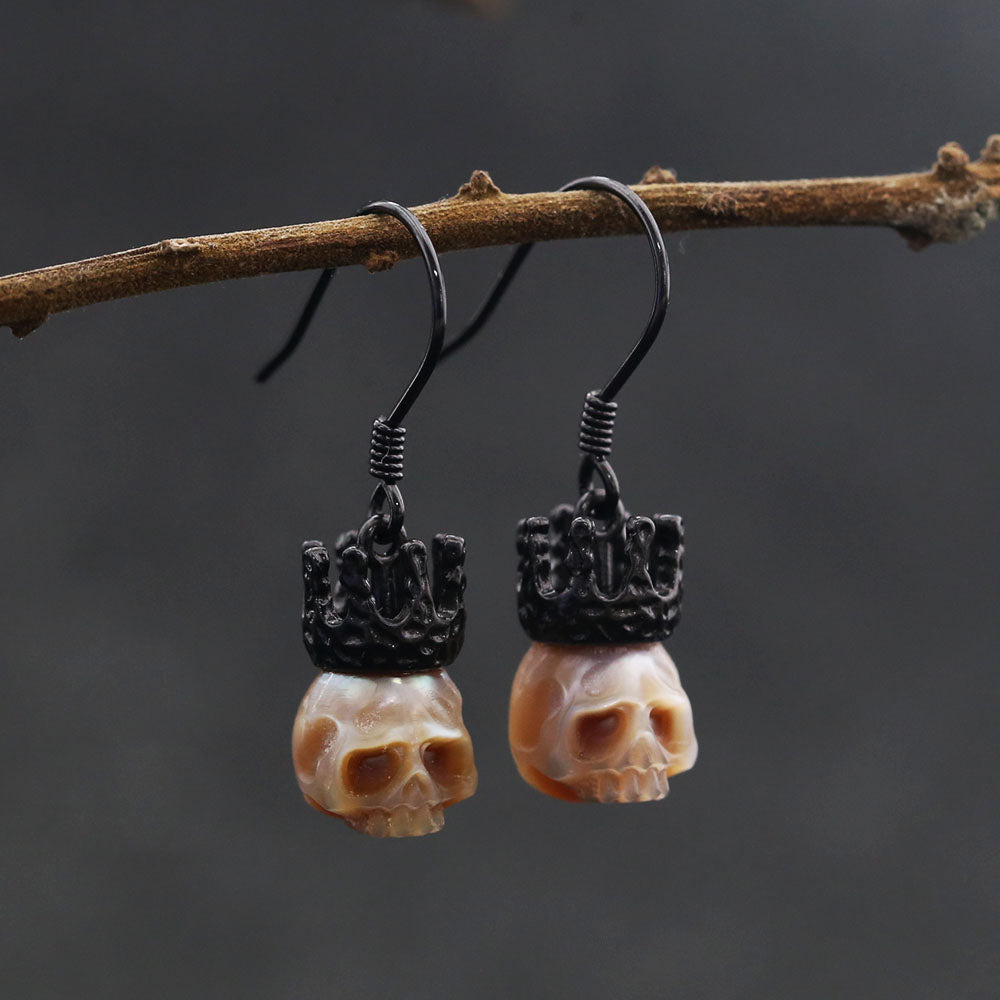 Baroque Silver Black Gold Plated Crown Pearl Skull Earrings