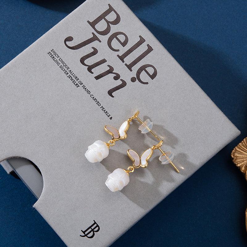 Butterfly Pearl Skull Stud Earrings - Belle Juri