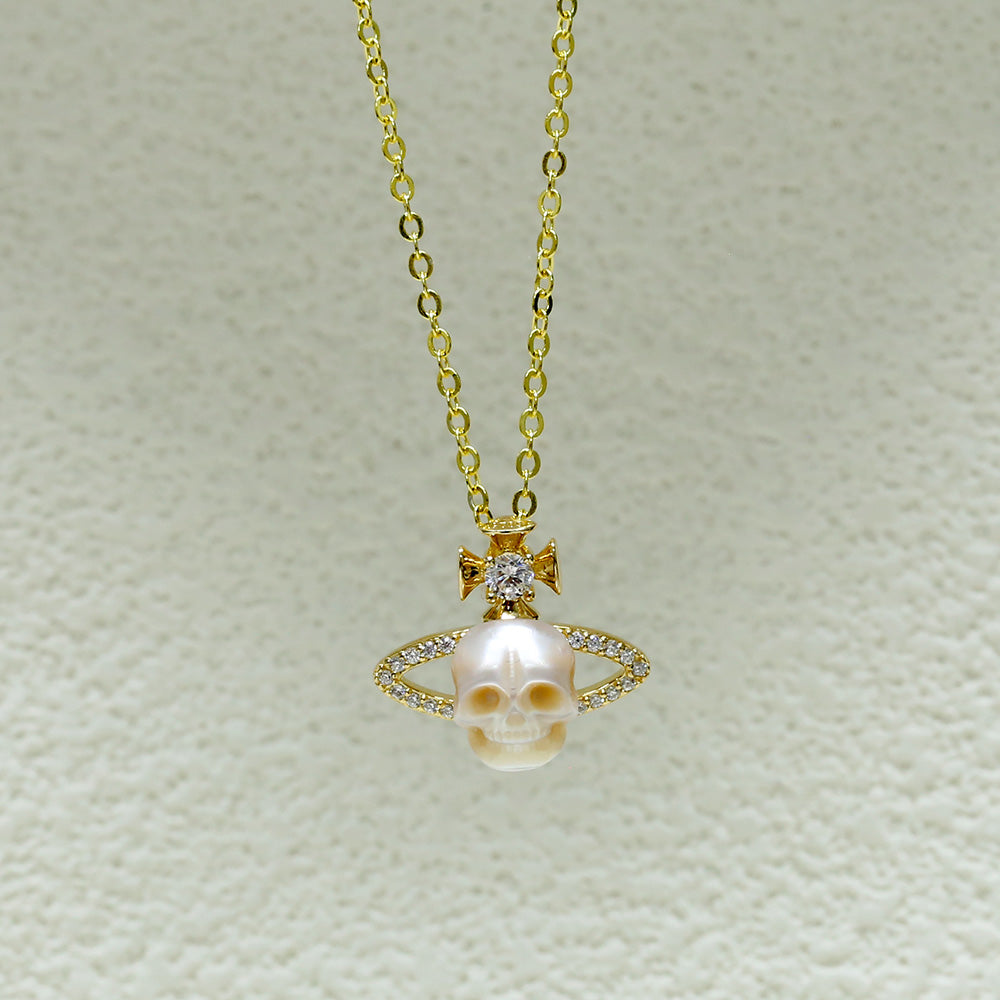 CZ Planet Pearl Skull Pendant