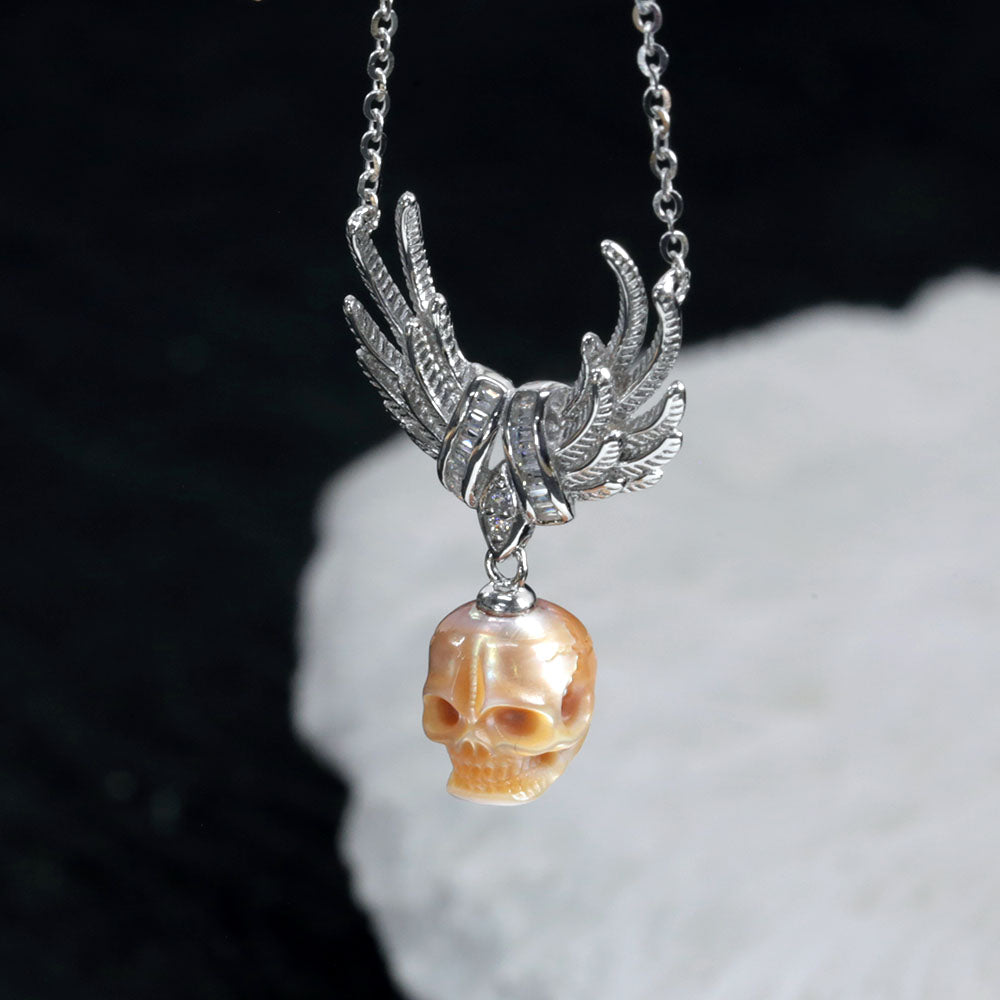 CZ Cluster Feather Wings Pearl Skull Necklace