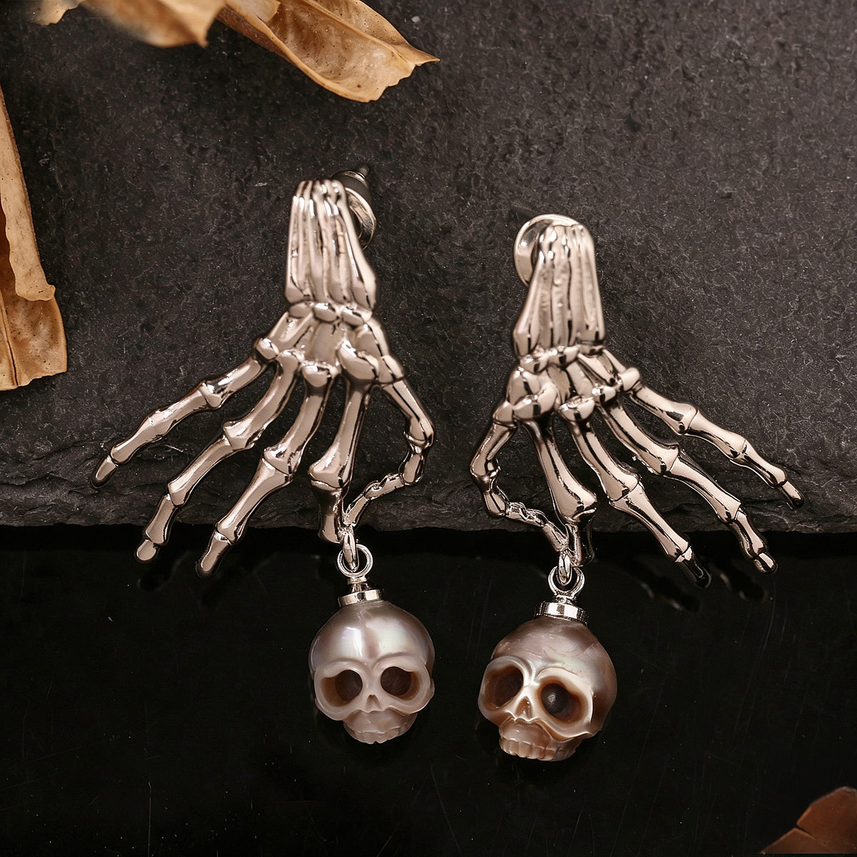Carved Cranium Pearl With Dark-style Skeletal Hand Earrings-Gray