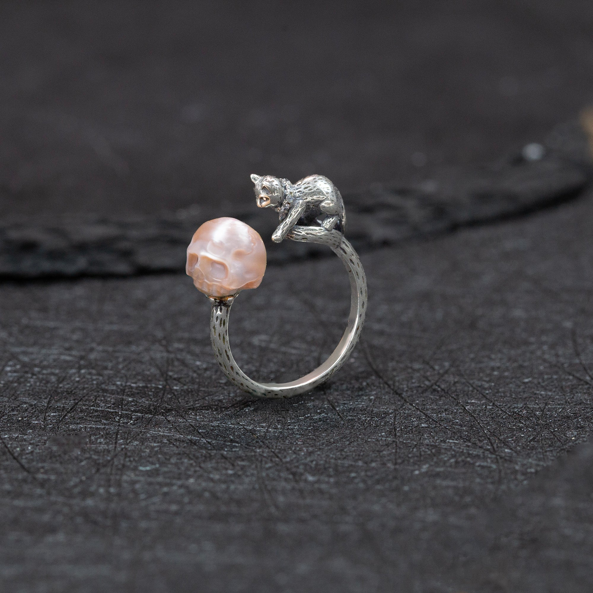 Celestial Cat Pearl Skull Ring