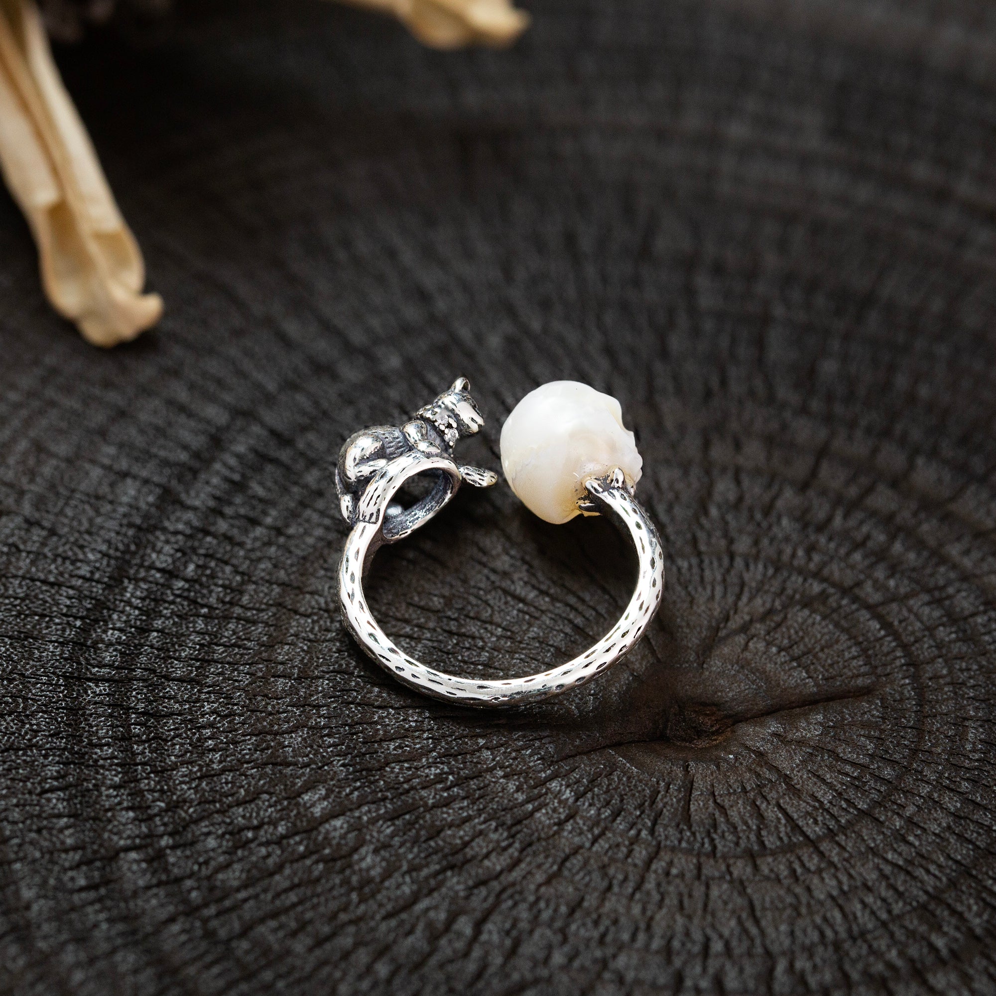 Celestial Cat Pearl Skull Ring
