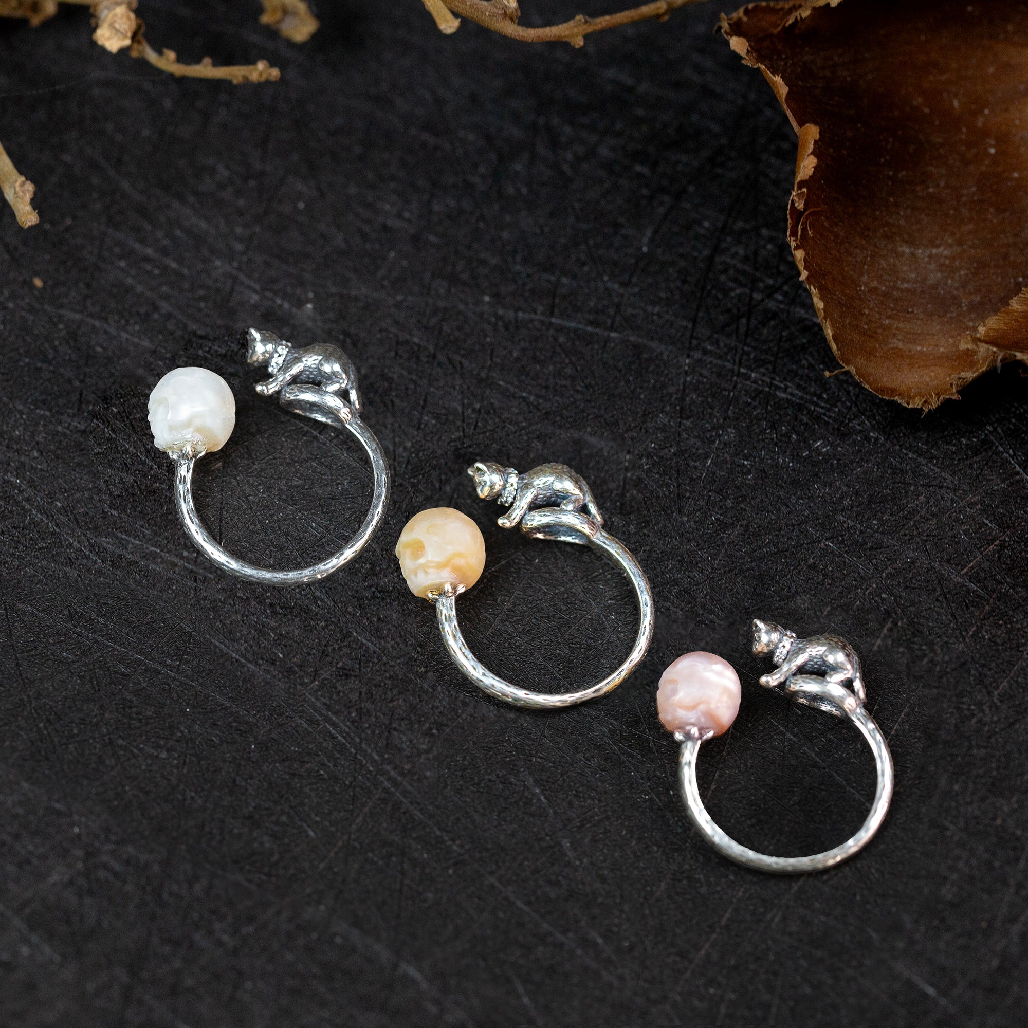 Celestial Cat Pearl Skull Ring