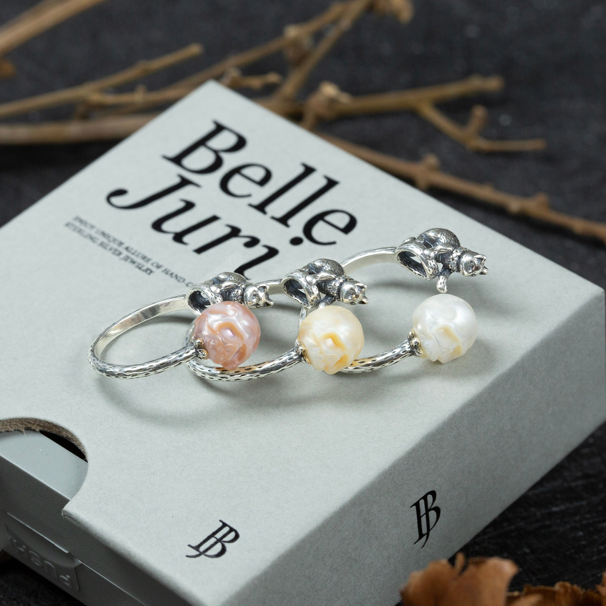 Celestial Cat Pearl Skull Ring
