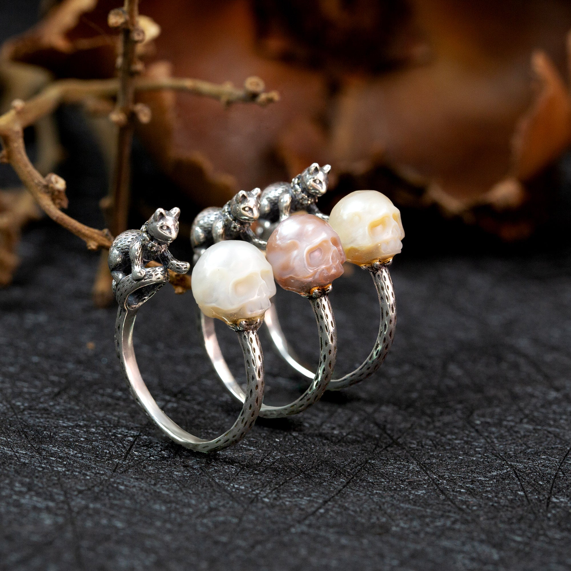 Celestial Cat Pearl Skull Ring